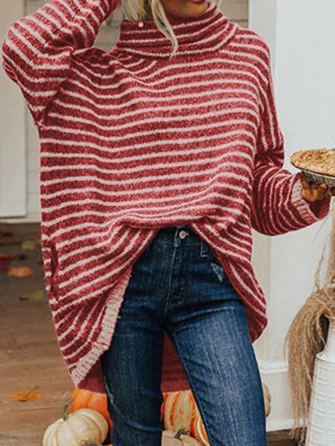 Striped Turtleneck Sweater with Pockets
